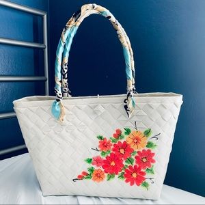 Summer Beach Woven Floral White Tote Bag